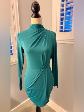 Hot Miami Styles Teal Long Sleeve Ruched Bodycon Dress